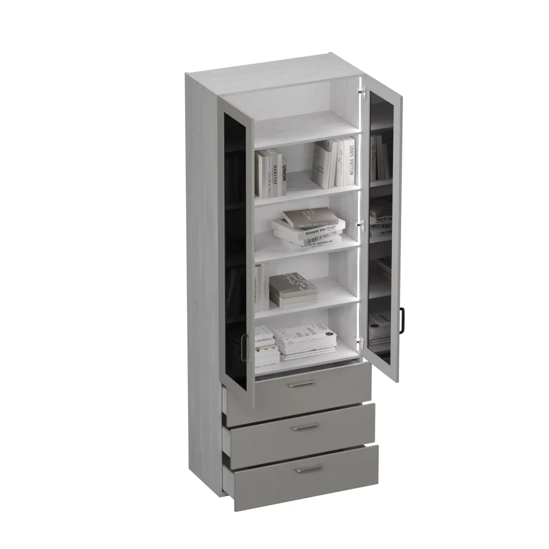 Шкаф книжный с тремя ящиками со стеклом LG213S с подсветкой