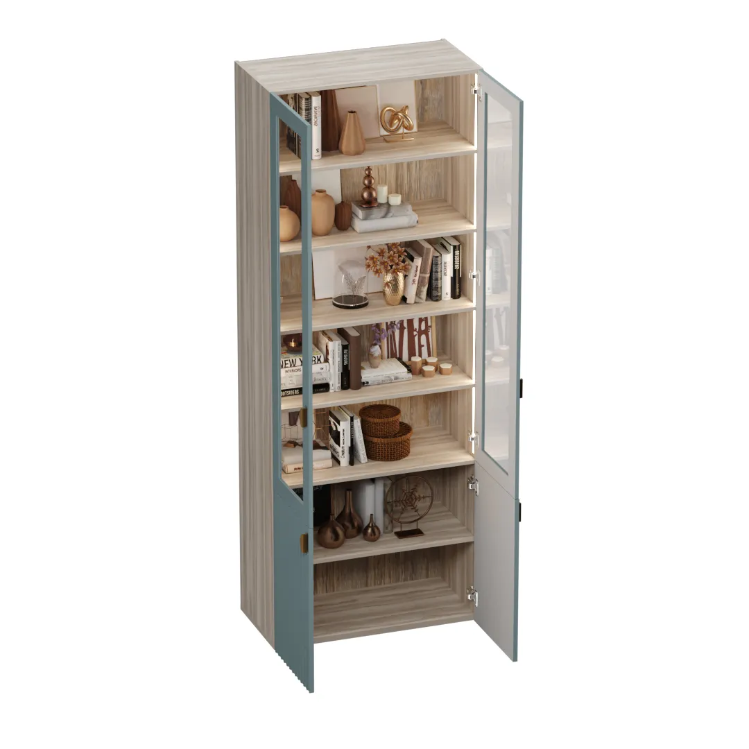 Шкаф книжный со стеклом, фрезерованные фасады в эмали с подсветкой LE214S