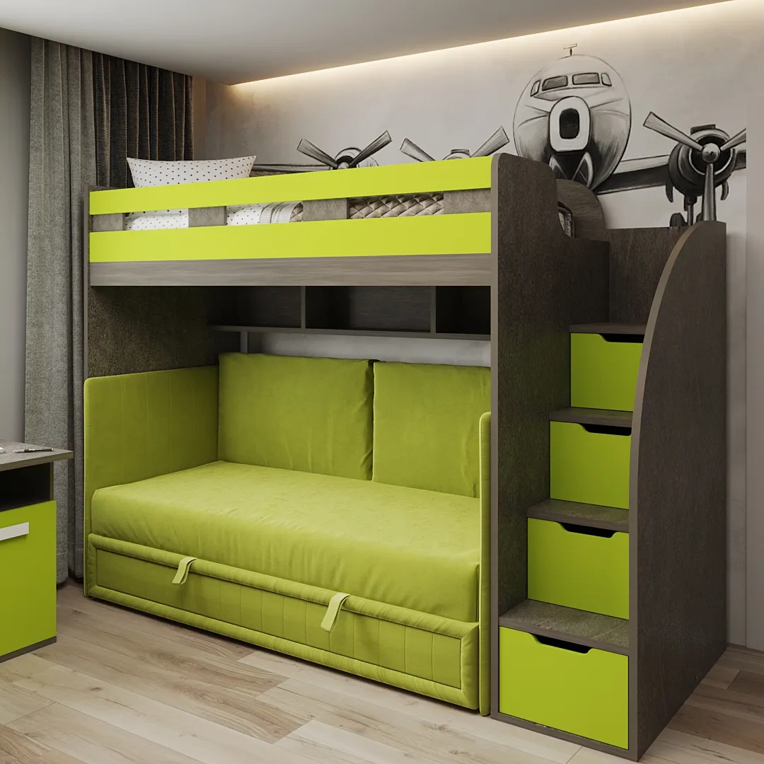 Кровать чердак с раскладным диваном для мальчика