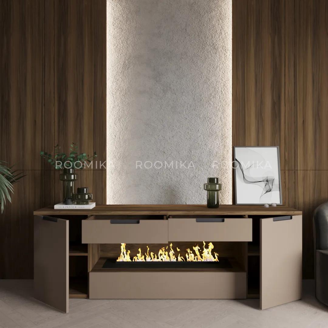 Тумба ТВ навесная с электрокамином, фасады в эмали LE550.450