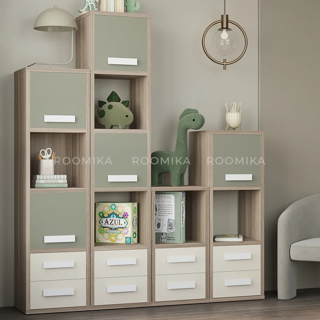 Cтеллаж сквозной книжный на 3 ниши с фасадом и ящиками E803