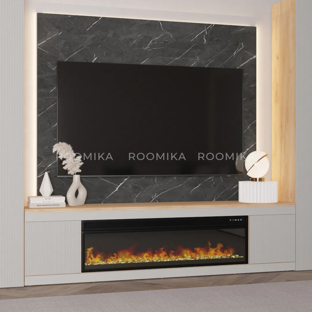 Тумба ТВ напольная с электрокамином, фрезерованные фасады в эмали LE546 Тумба ТВ напольная с электрокамином, фрезерованные фасады в эмали LE546