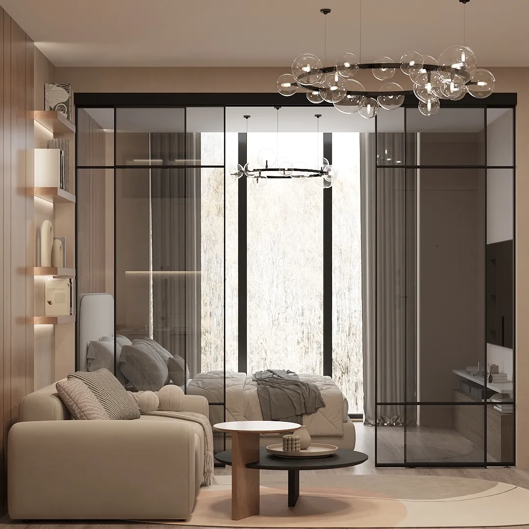 Прозрачная межкомнатная перегородка для спальни, стекло Титан GRACE 7