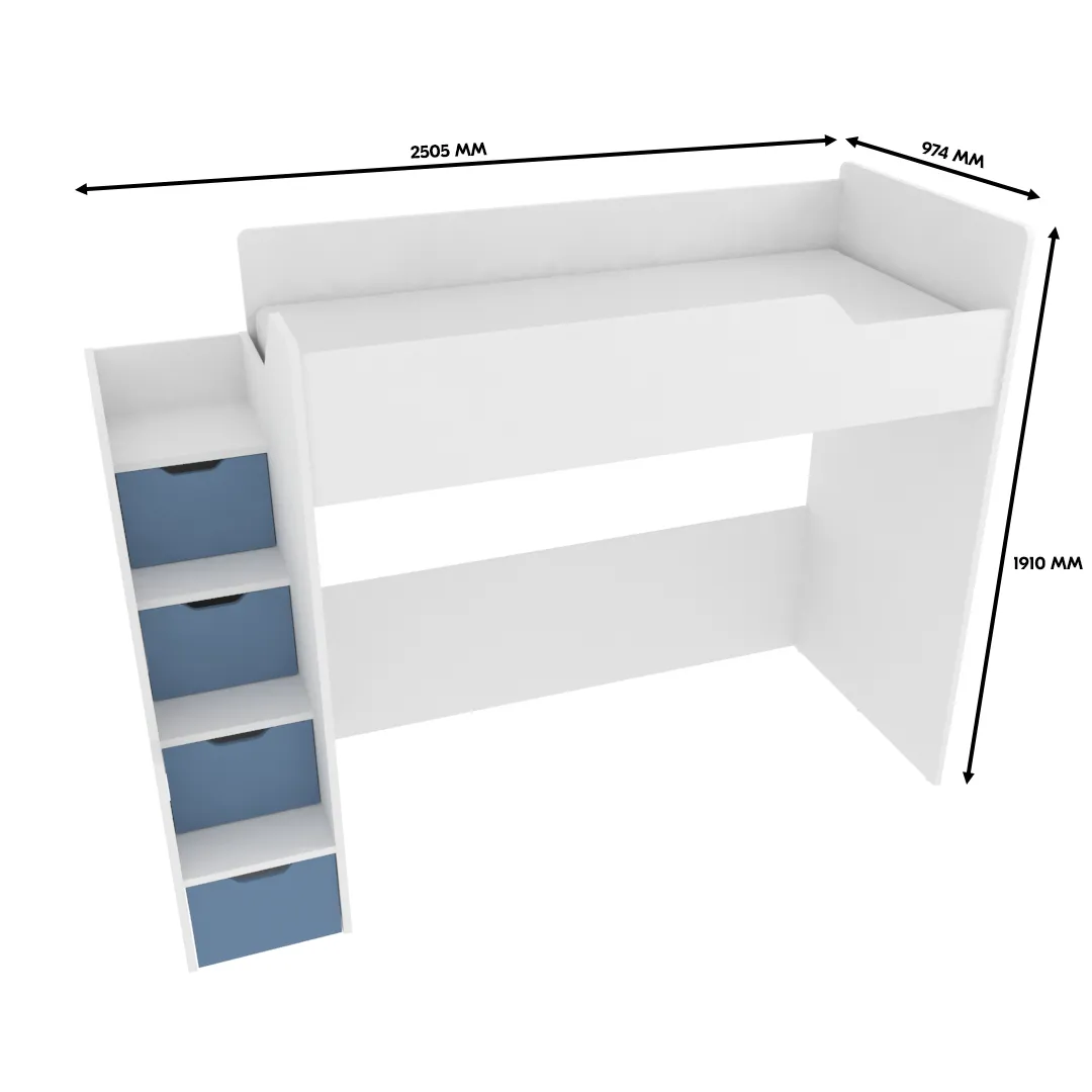 Кровать-чердак  с лестницей комодом, фасады в эмали LE907, 90x200 L/R