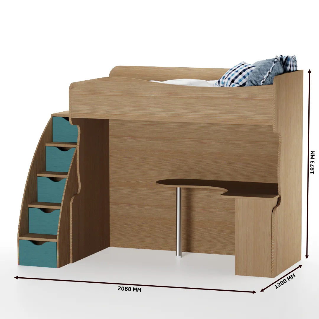 Кровать-чердак с рабочей зоной и лестницей P907, 90x200