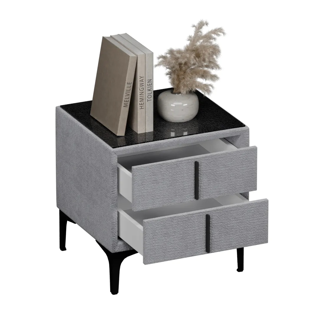 Тумба прикроватная мягкая, стекло прозрачное, ножки черные ГРЕЙС752