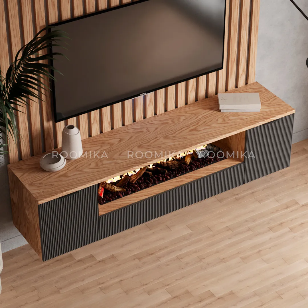 Тумба ТВ навесная с электрокамином, фрезерованные фасады в эмали LE549.451