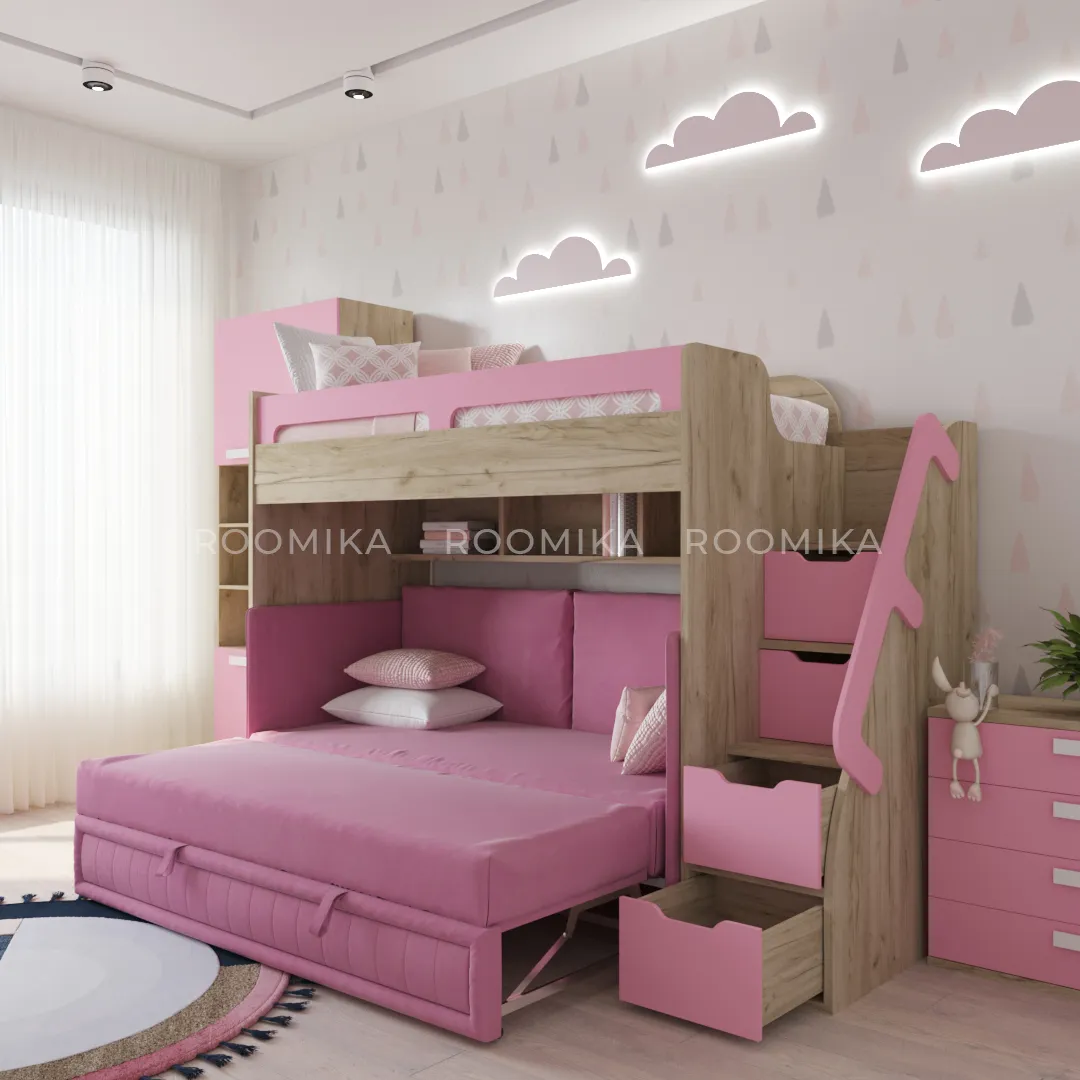 Кровать-чердак E977 с диваном Бергамо, 90x200 L/R