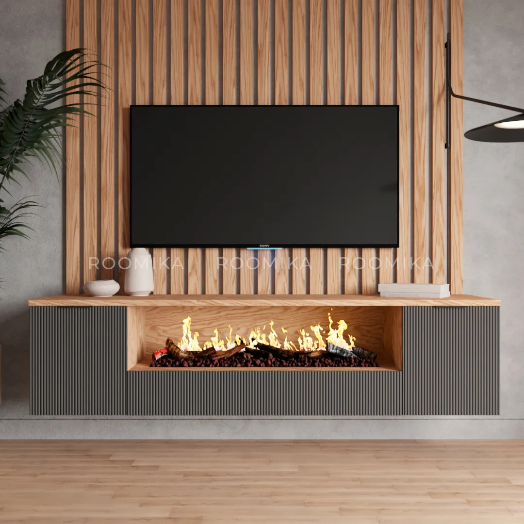 Тумба ТВ навесная с электрокамином, фрезерованные фасады в эмали LE549.451 Тумба ТВ навесная с электрокамином, фрезерованные фасады в эмали LE549.451