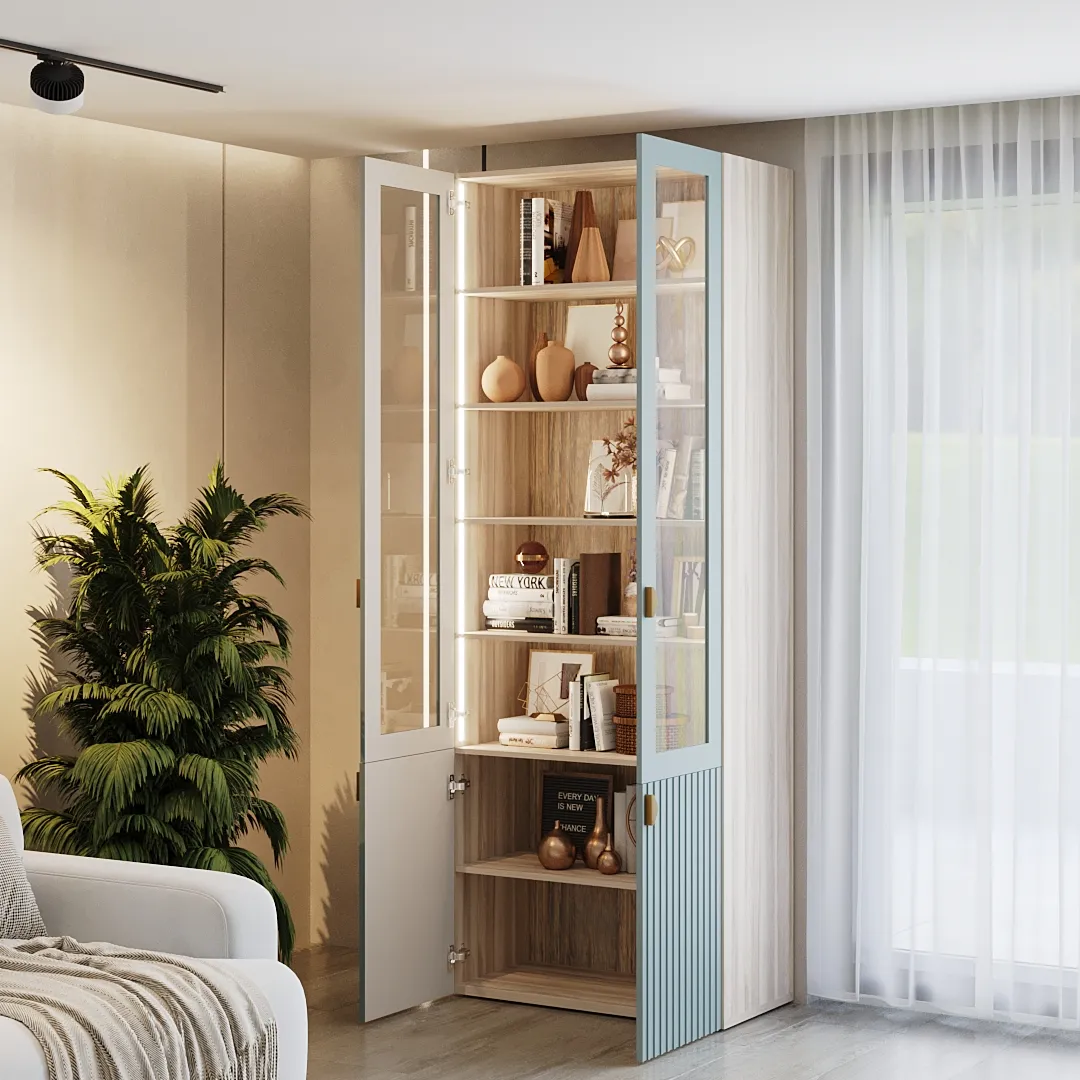 Шкаф книжный со стеклом, фрезерованные фасады в эмали с подсветкой LE214S