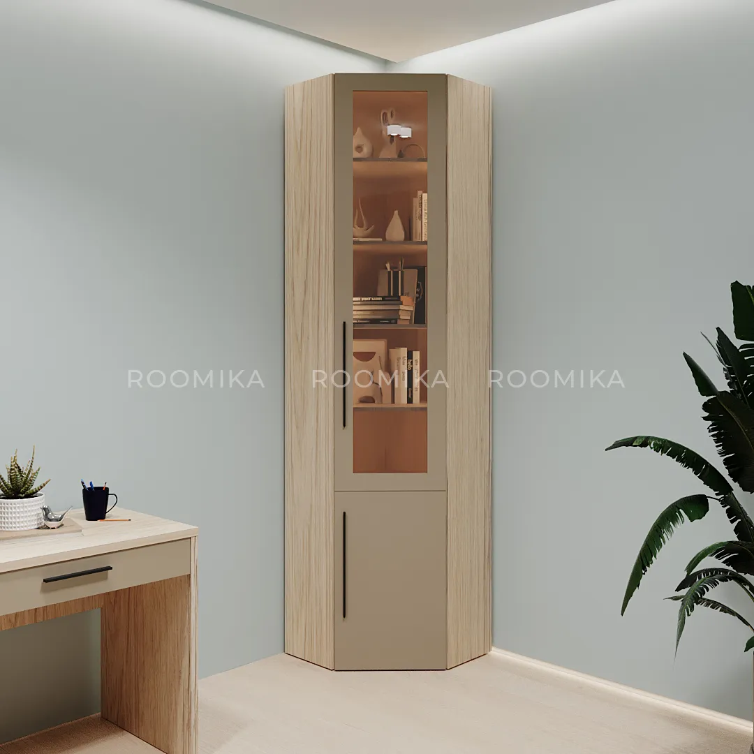 Шкаф угловой книжный со стеклом L247 с подсветкой
