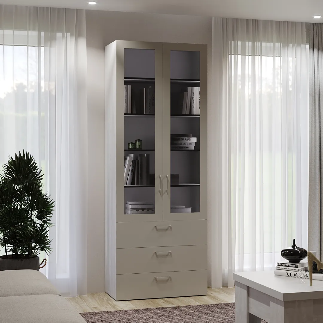 Шкаф книжный с тремя ящиками со стеклом LG213S с подсветкой