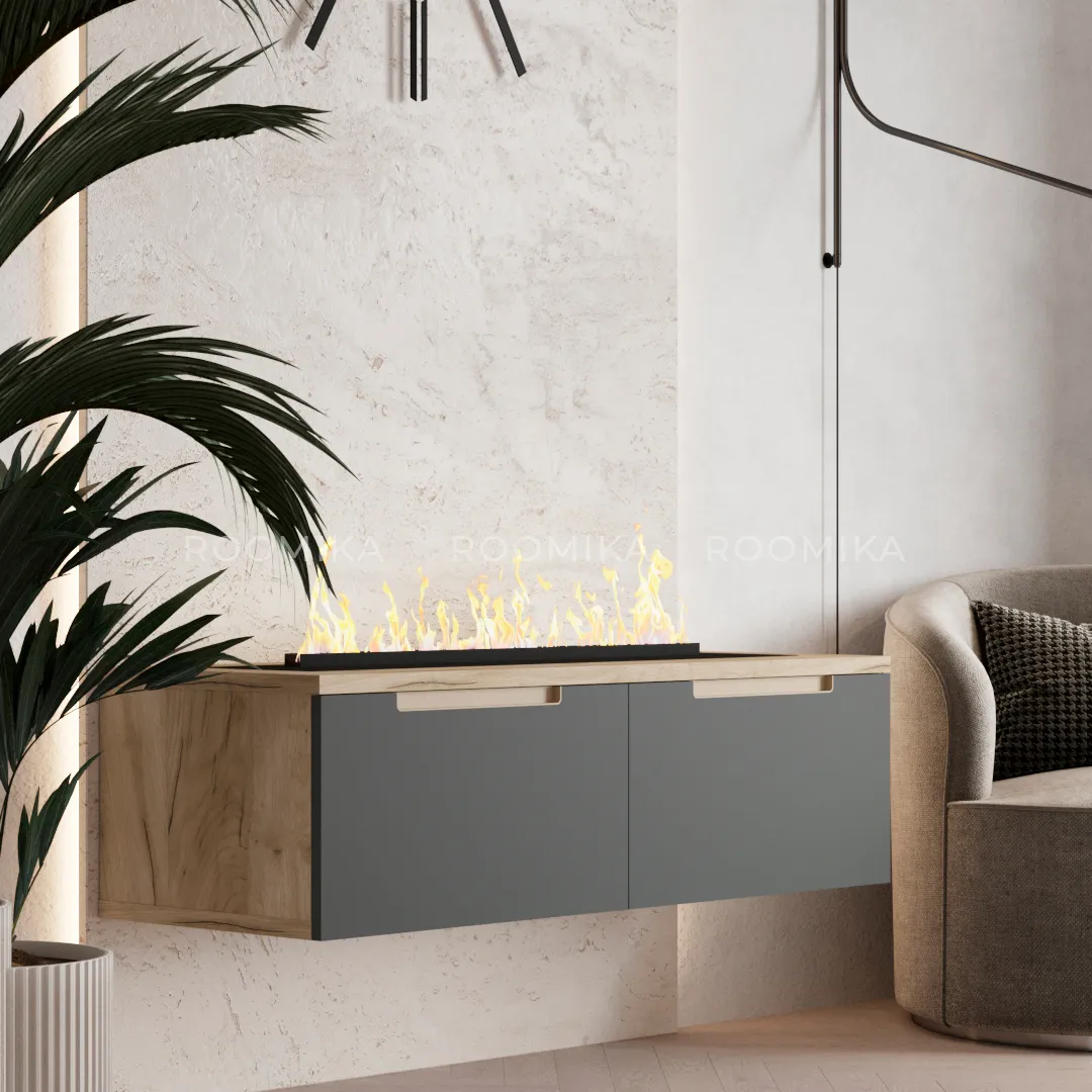 Тумба ТВ навесная с электрокамином, фасады в эмали LE548.451