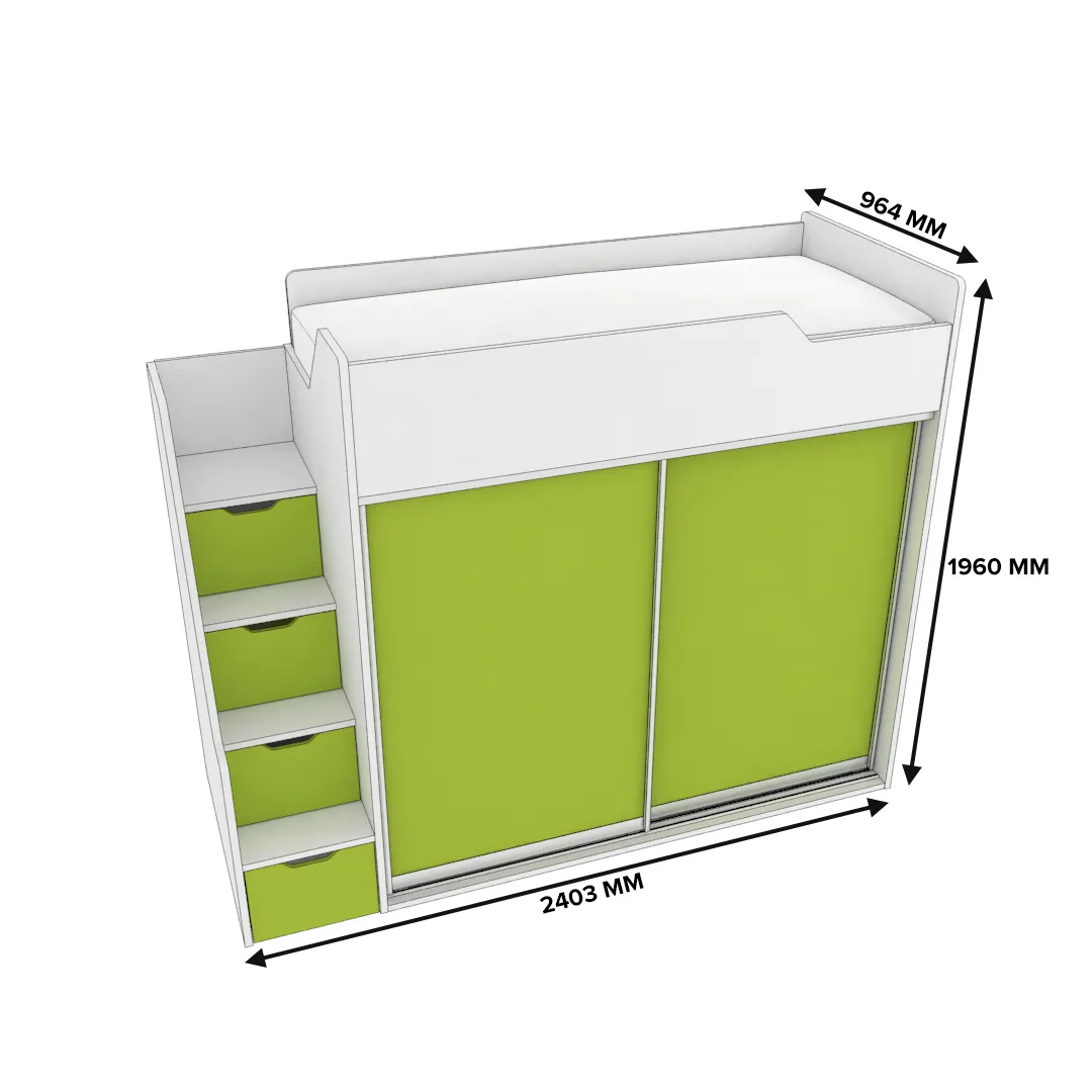 Кровать-чердак  с лестницей комодом L905, 90x190 L/R