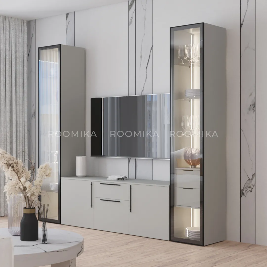 Шкаф со стеклянными фасадом полки стекло с подсветкой R220.1