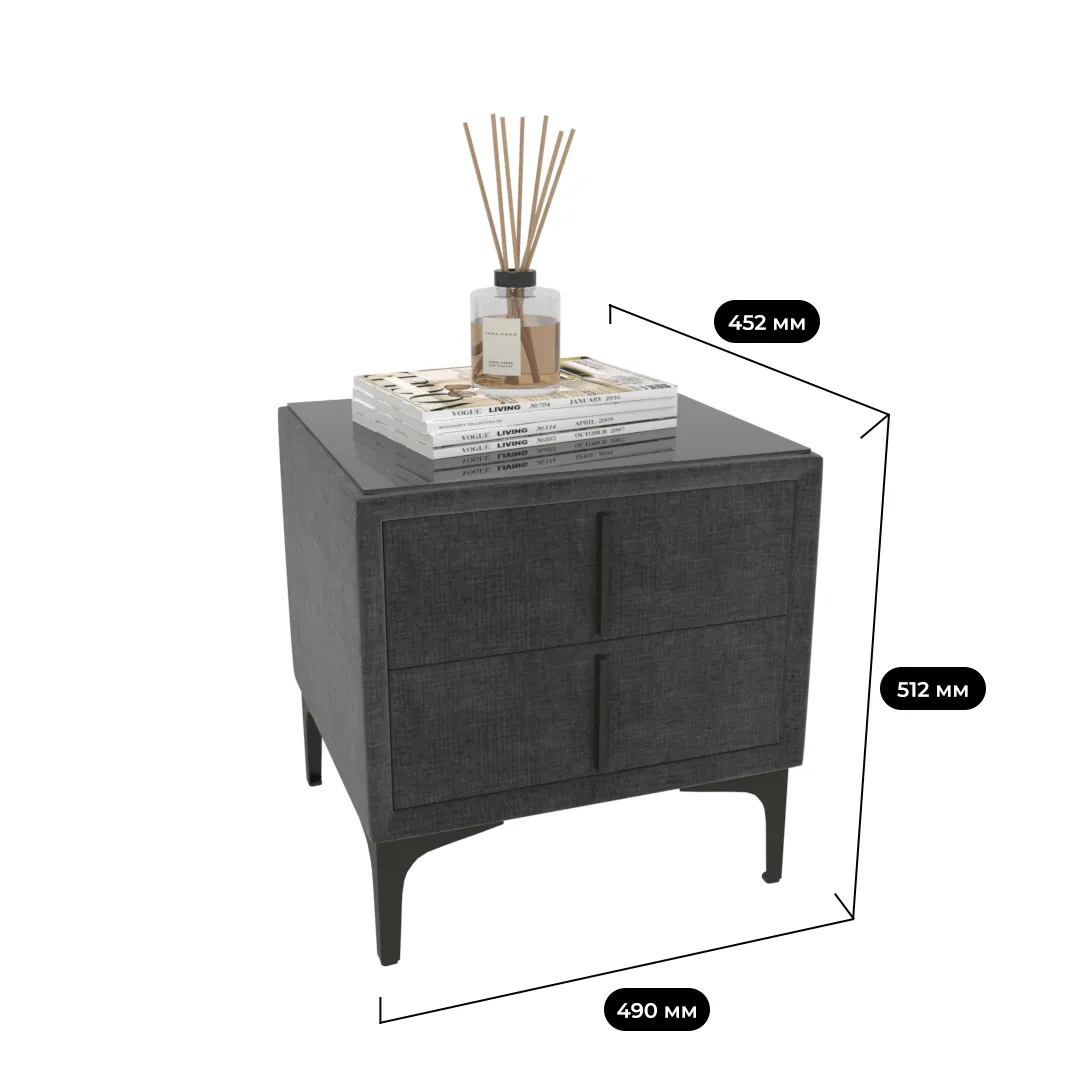 Тумба прикроватная мягкая, стекло прозрачное, ножки черные ГРЕЙС752