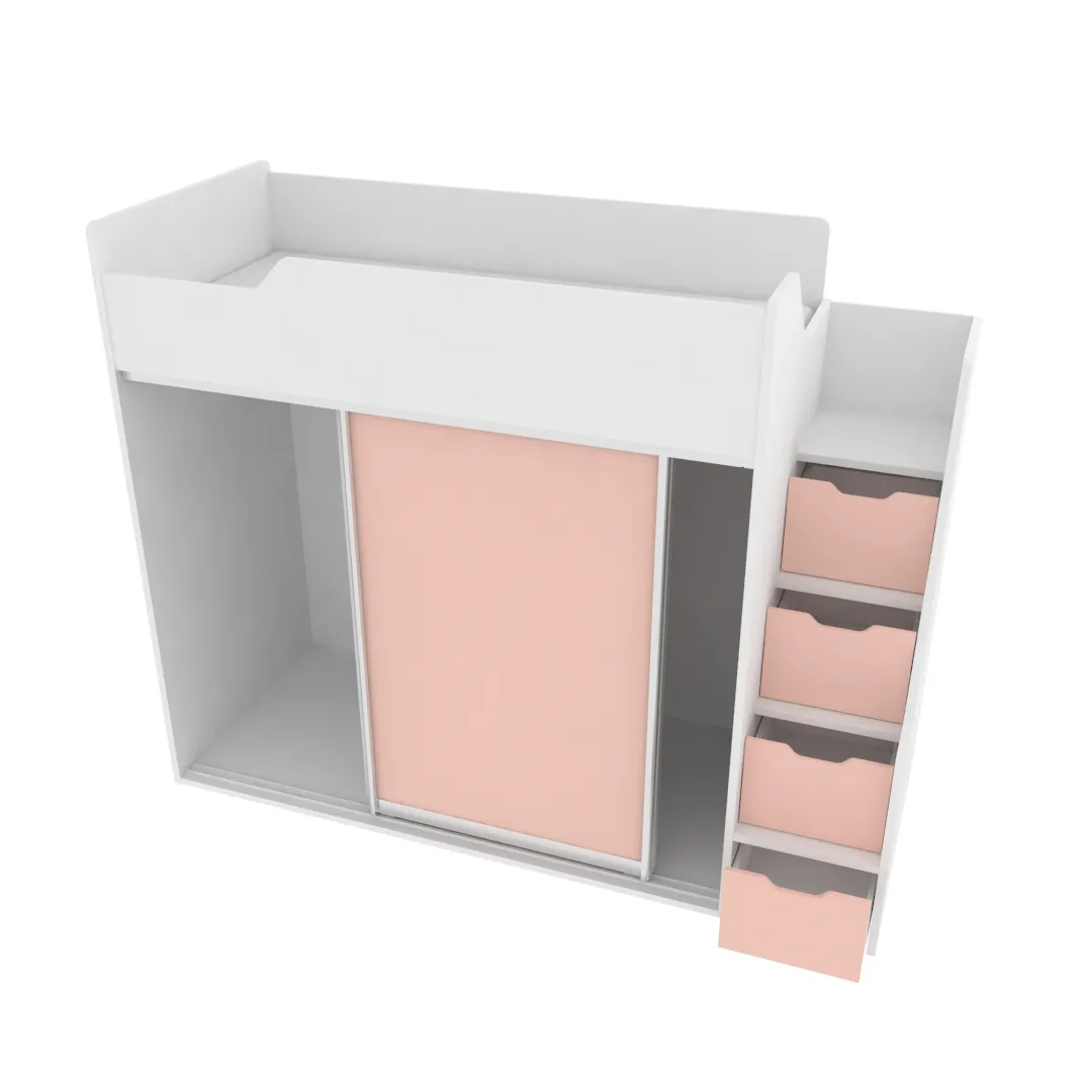 Кровать-чердак  с лестницей комодом, фасады в эмали LE905, 90x190 L/R