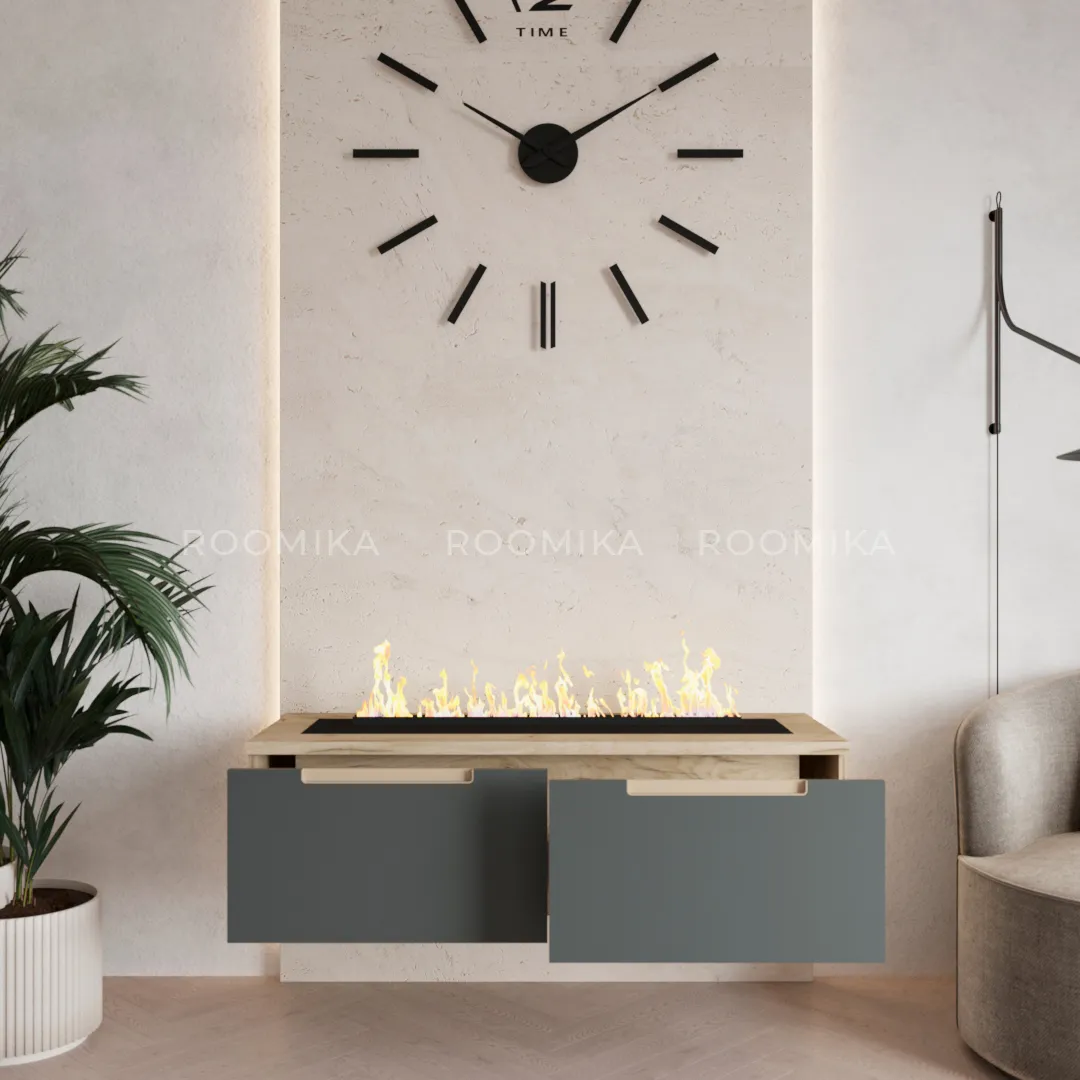Тумба ТВ навесная с электрокамином, фасады в эмали LE548.451