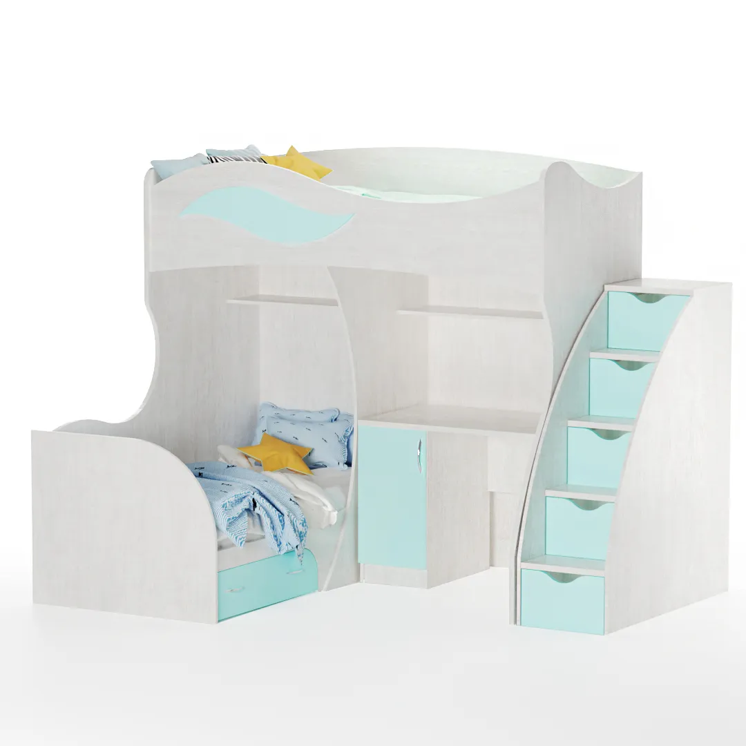 Кровать двухъярусная угловая со столом и лестницей комодом P909, 90x200 Кровать двухъярусная угловая со столом и лестницей комодом P909, 90x200