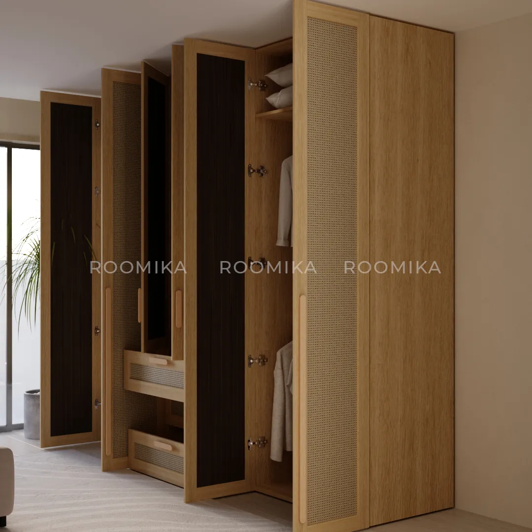 Шкаф книжный/для одежды с тремя ящиками, фасады натуральный ротанг L213