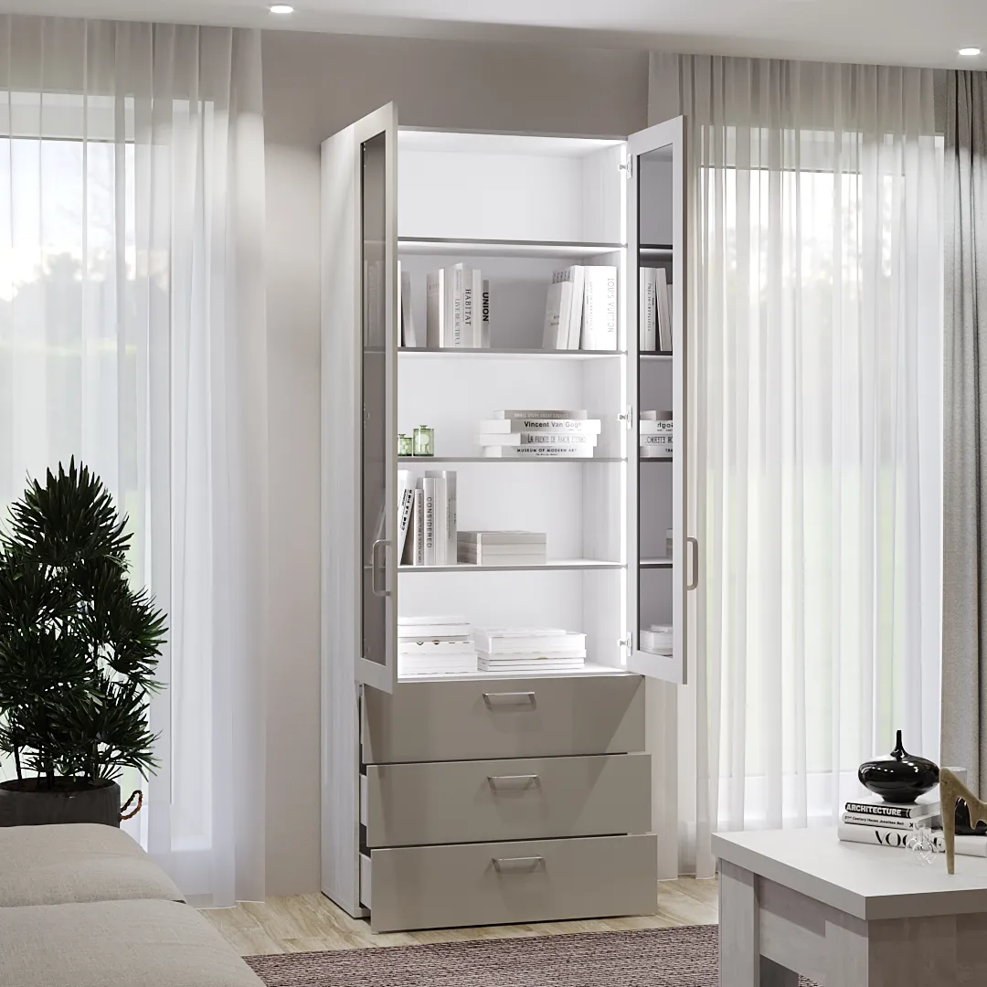 Шкаф книжный с тремя ящиками со стеклом LG213S с подсветкой