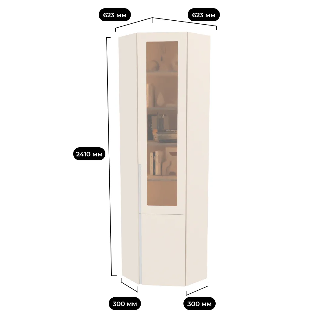 Шкаф угловой книжный со стеклом, фасады в эмали LE247 с подсветкой
