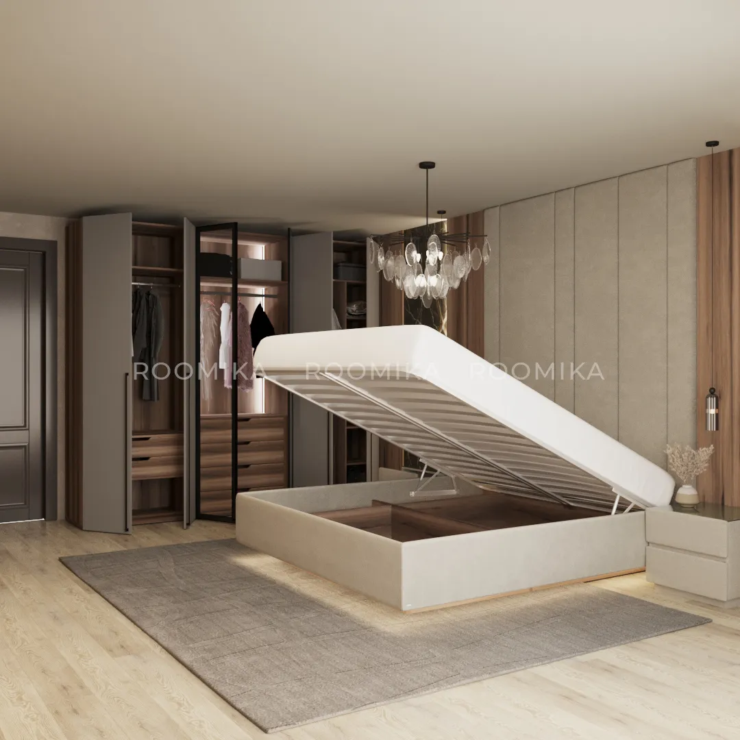 Cпальня с мягкой стеновой панелью и кроватью подиумом 3