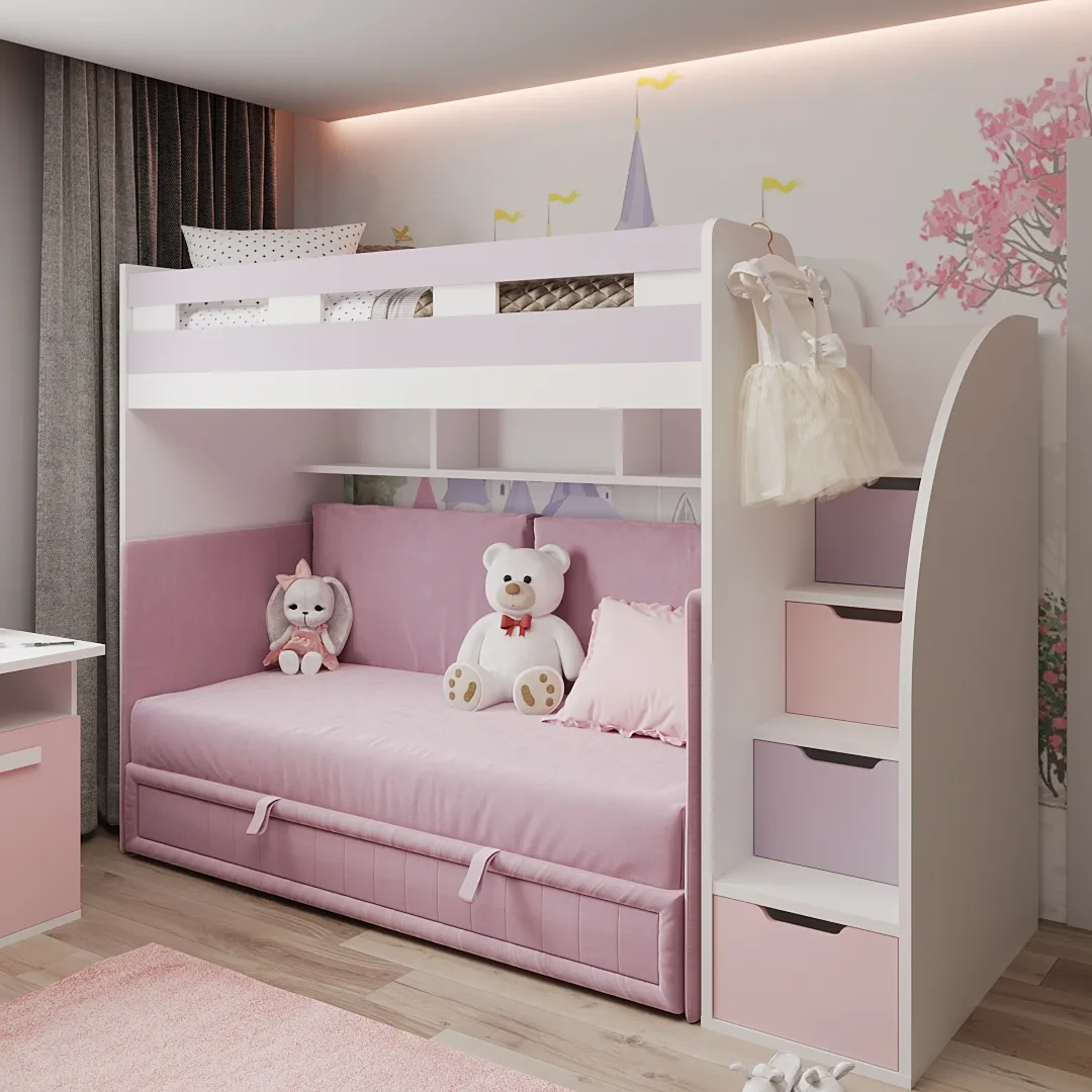 Кровать чердак с раскладным диваном для девочки