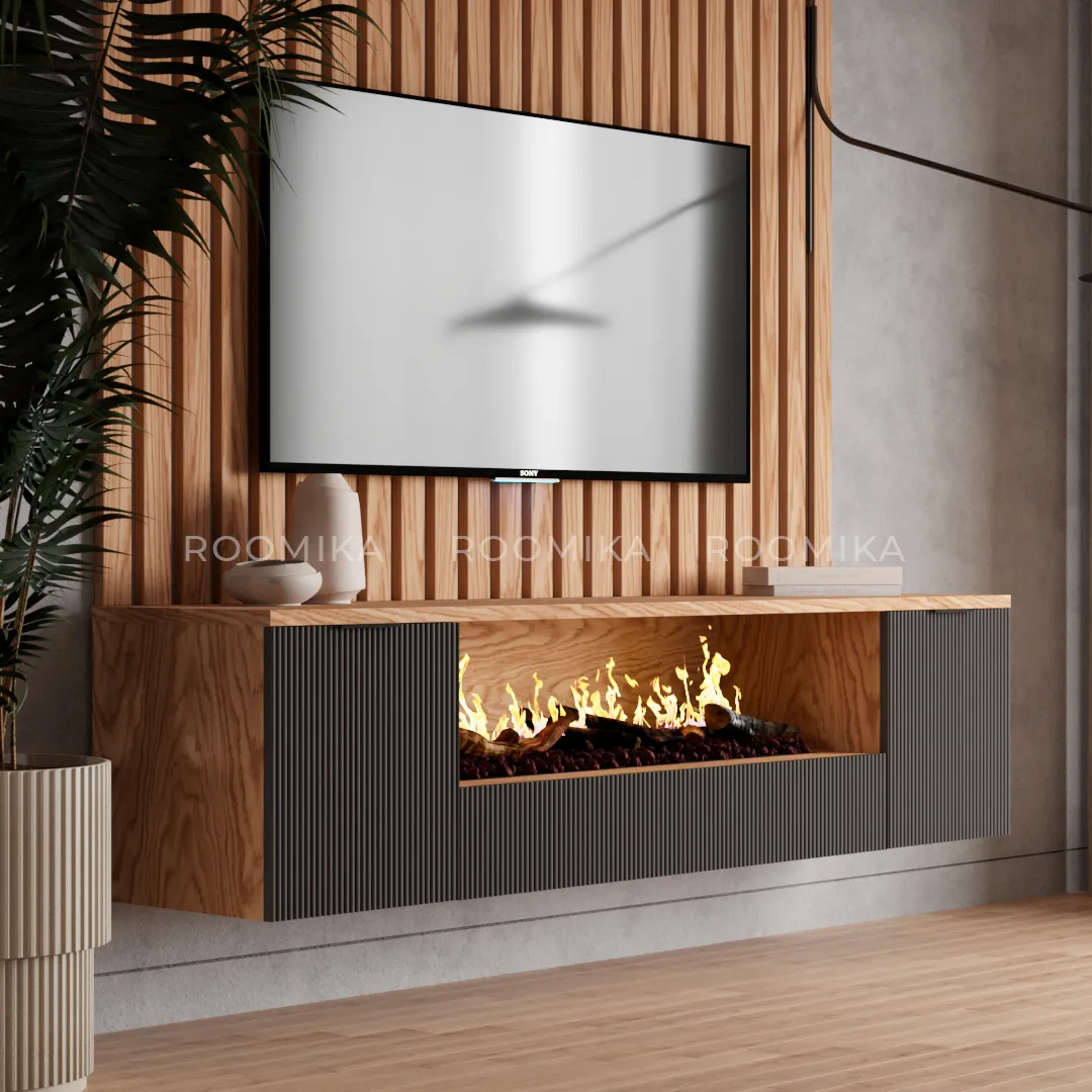 Тумба ТВ навесная с электрокамином, фрезерованные фасады в эмали LE549.451