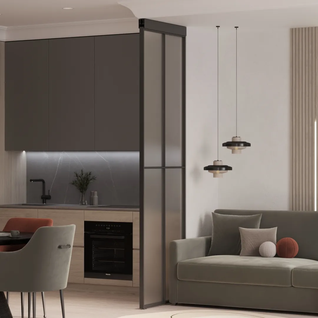 Сатинированная перегородка для зонирования в студии, стекло Сатинато GRACE 10