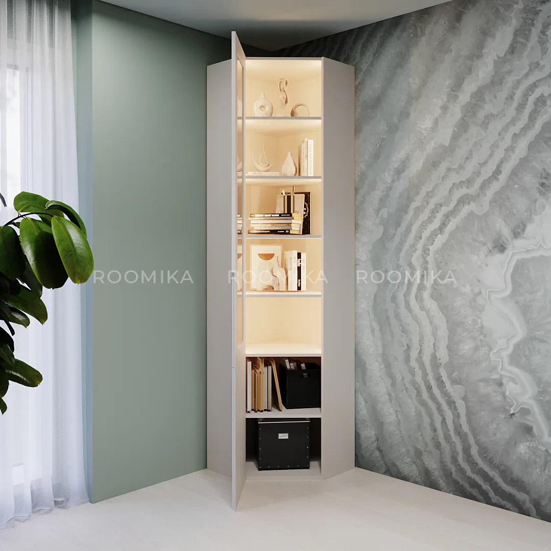 Шкаф угловой книжный со стеклом, фасады в эмали LE247 с подсветкой