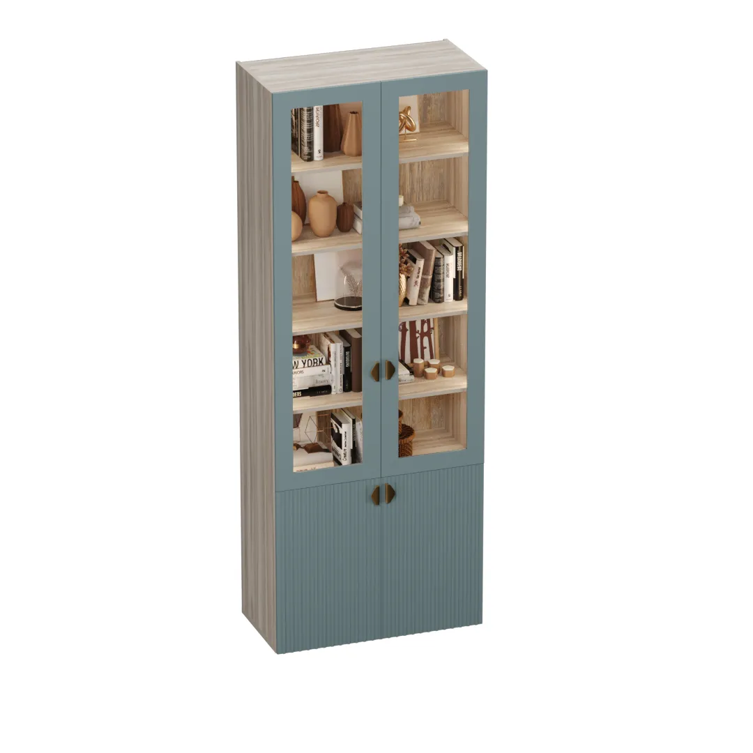 Шкаф книжный со стеклом, фрезерованные фасады в эмали с подсветкой LE214S