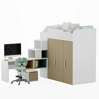 Кровать-чердак со встроенным столом, тумбой и шкафом L920, 90x190 L/R