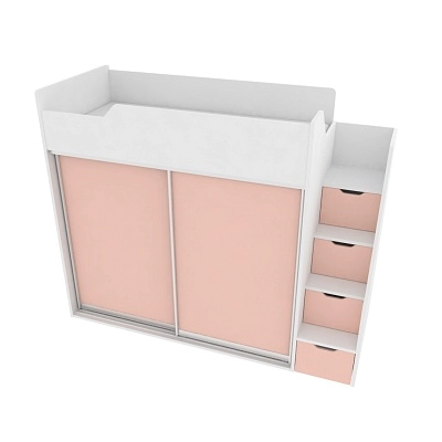 Кровать-чердак  с лестницей комодом, фасады в эмали LE905, 90x190 L/R