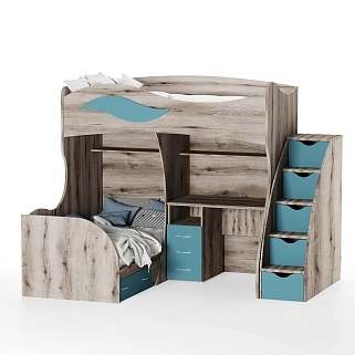 Кровать двухъярусная угловая со столом и лестницей комодом P909, 90x200